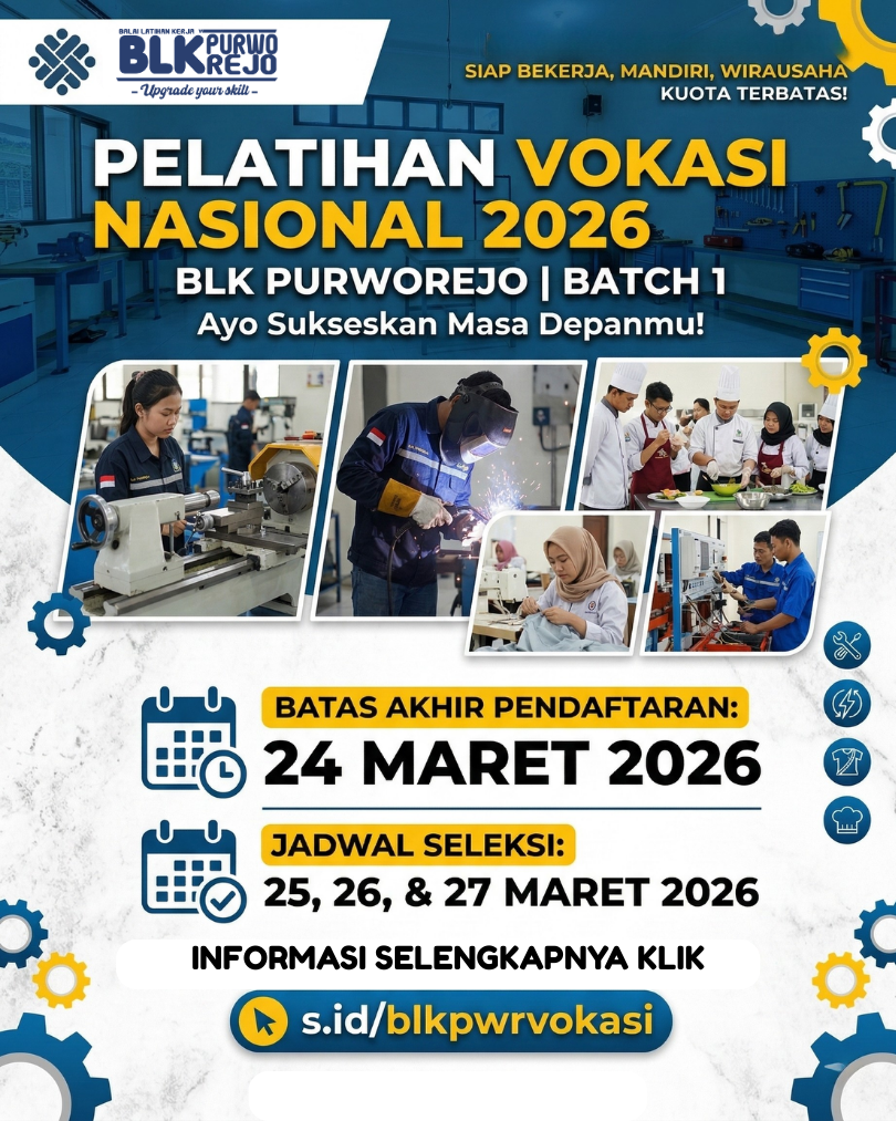 Pendaftaran Pelatihan Vokasi Nasional BLK Purworejo Batch 1 Tahun 2026 Dibuka