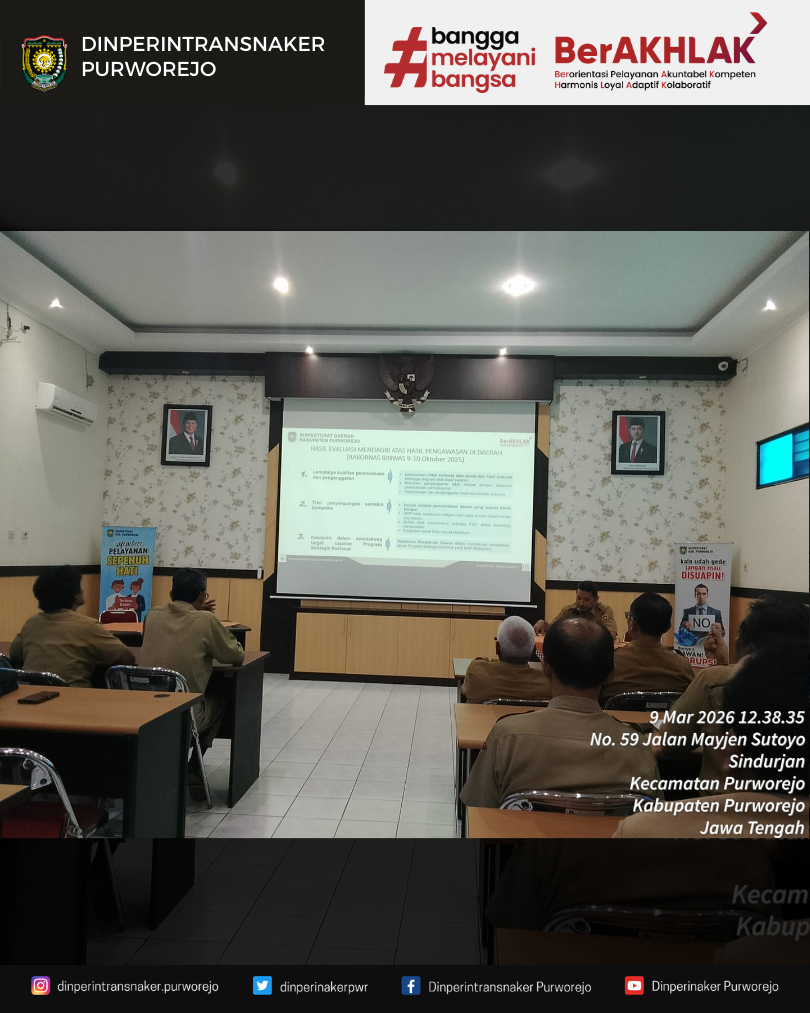 Dinperintransnaker Purworejo Ikuti Sosialisasi Perbup Nomor 55 Tahun 2025 di Inspektorat