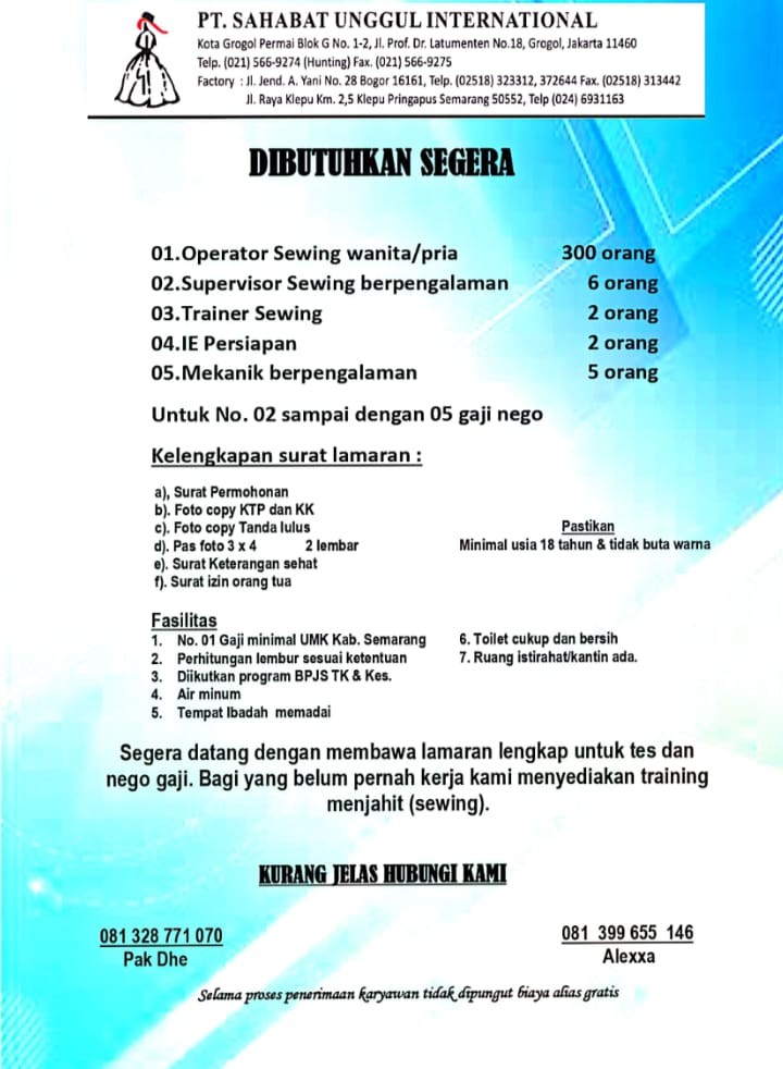 Lowongan Kerja PT Sahabat Unggul Internasional